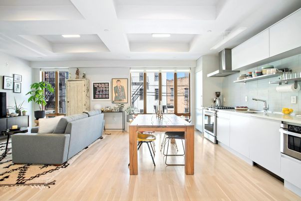Interior, Kitchen, Living room, Recessed Lighting, Stainless Steel Appliances, Wood Texture Flooring
