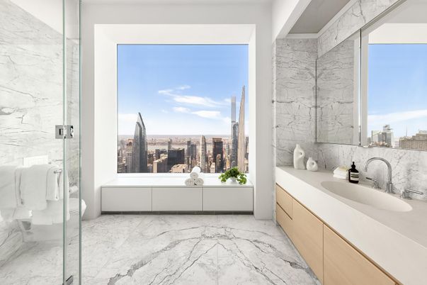 Bathroom, Dual Sink Vanities, Glass Shower, Interior, Marble, Marble Walls