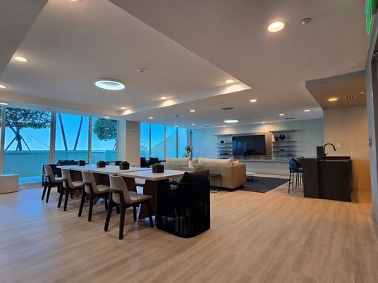 Dining room, Interior, Living room, Recessed Lighting, Wood Texture Flooring