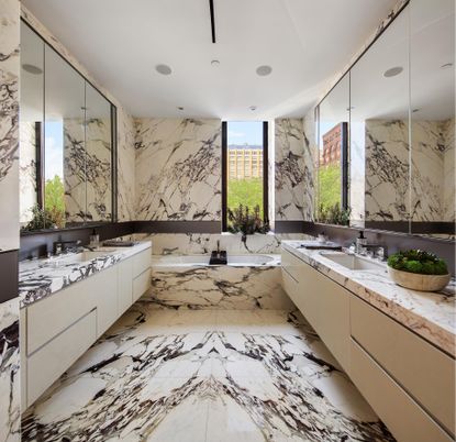 Bathroom, Dual Sink Vanities, Interior, Marble, Marble Walls, Recessed Lighting