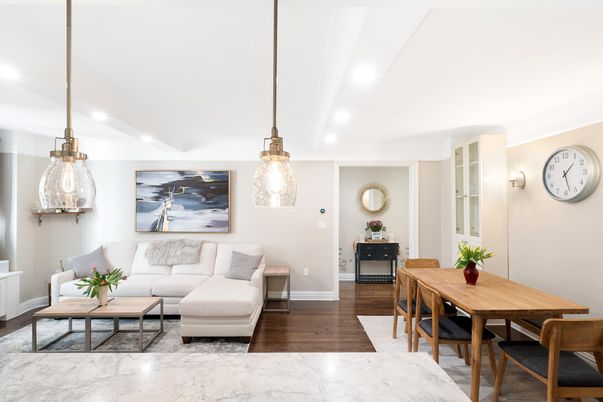 Dining room, Interior, Living room, Pendant Lights, Wood Texture Flooring