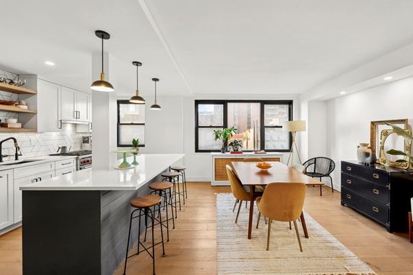 Dining room, Interior, Kitchen, Pendant Lights, Recessed Lighting, Wood Texture Flooring