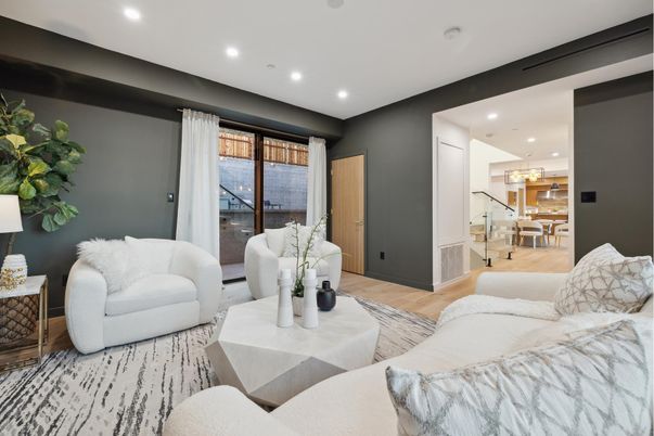 Dining room, Interior, Living room, Pendant Lights, Recessed Lighting, Wood Texture Flooring