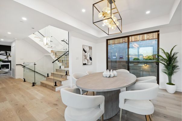 Dining room, Interior, Pendant Lights, Recessed Lighting, Wood Texture Flooring