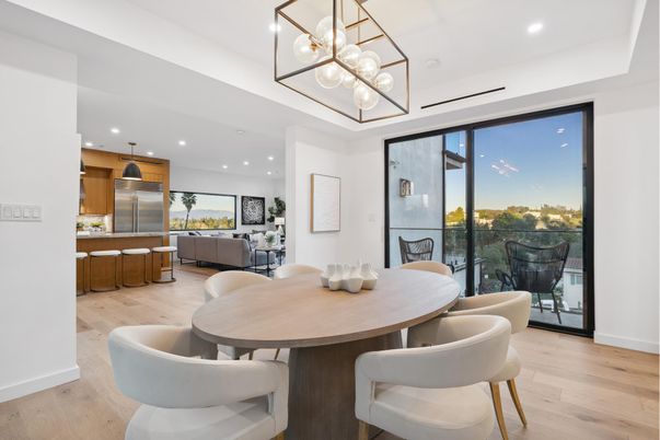 Dining room, Interior, Kitchen, Living room, Pendant Lights, Recessed Lighting, Stainless Steel Appliances, Wood Texture Flooring