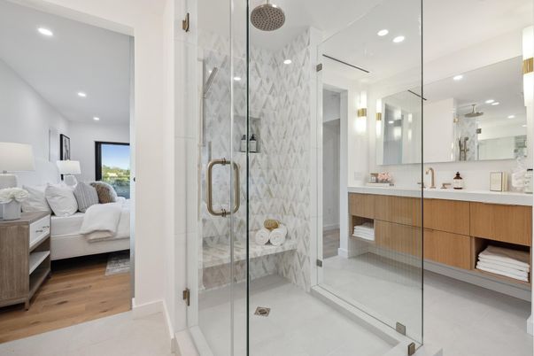 Bathroom, Bedroom, Glass Shower, Interior, Marble Walls, Recessed Lighting, Wood Texture Flooring