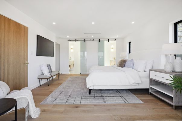 Bedroom, Interior, Recessed Lighting, Wood Texture Flooring