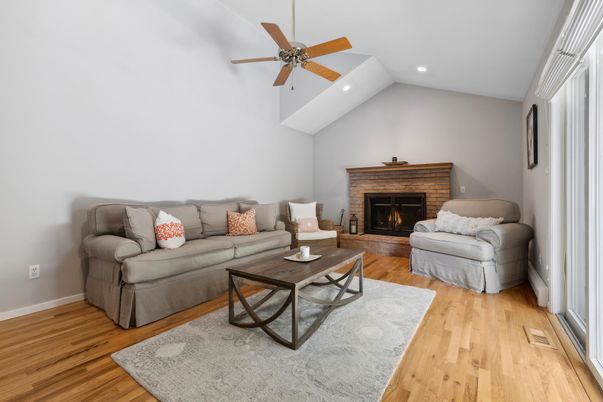 Fireplace, Interior, Living room, Recessed Lighting, Wood Texture Flooring