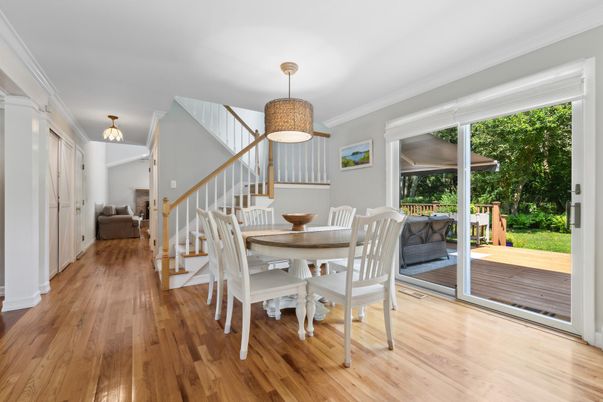 Dining room, Interior, Pendant Lights, Wood Texture Flooring