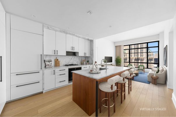 Interior, Kitchen, Marble Walls, Recessed Lighting, Wood Texture Flooring