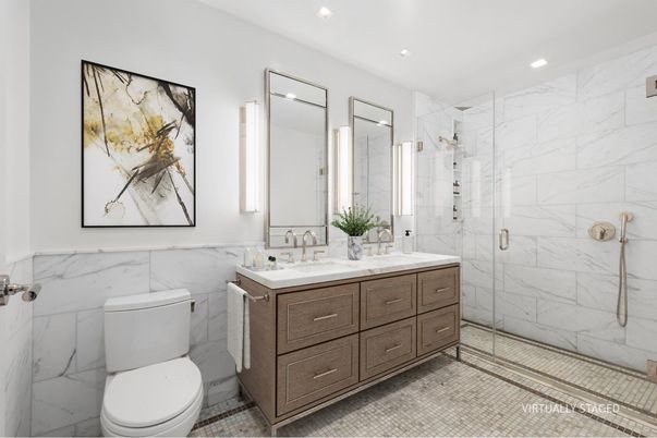 Bathroom, Dual Sink Vanities, Glass Shower, Interior, Marble Walls, Recessed Lighting