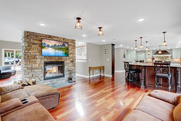Fireplace, Interior, Kitchen, Living room, Pendant Lights, Recessed Lighting, Stone Walls, Wood Texture Flooring