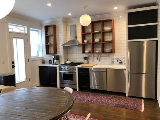 Interior, Kitchen, Pendant Lights, Recessed Lighting, Stainless Steel Appliances, Wood Texture Flooring