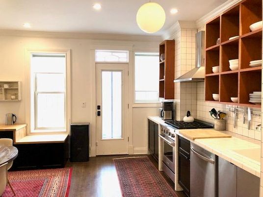 Interior, Kitchen, Pendant Lights, Recessed Lighting, Stainless Steel Appliances, Tile Countertops, Wood Texture Flooring