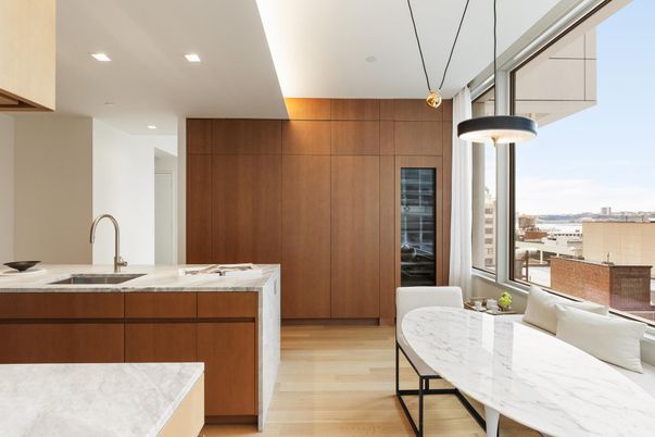 Dining room, Interior, Kitchen, Pendant Lights, Recessed Lighting, Wood Texture Flooring