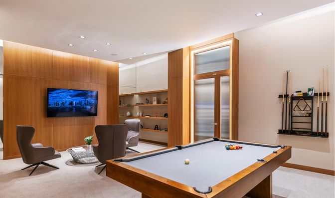 Billiard Table, Game Room, Interior, Recessed Lighting, Wooden Walls