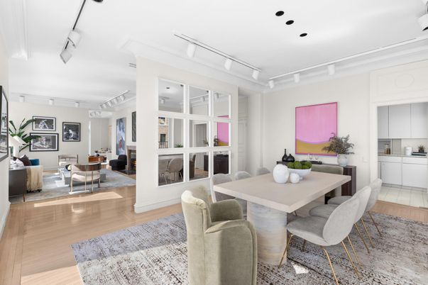 Dining room, Interior, Living room, Recessed Lighting, Wood Texture Flooring