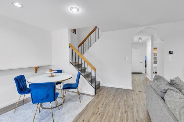 Dining room, Interior, Recessed Lighting, Wood Texture Flooring