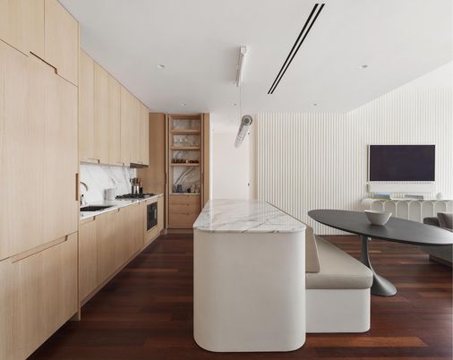 Dining room, Interior, Kitchen, Recessed Lighting, Stainless Steel Appliances, Wood Texture Flooring