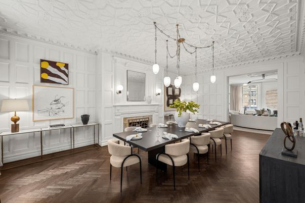 Dining room, Fireplace, Interior, Living room, Pendant Lights, Wood Texture Flooring