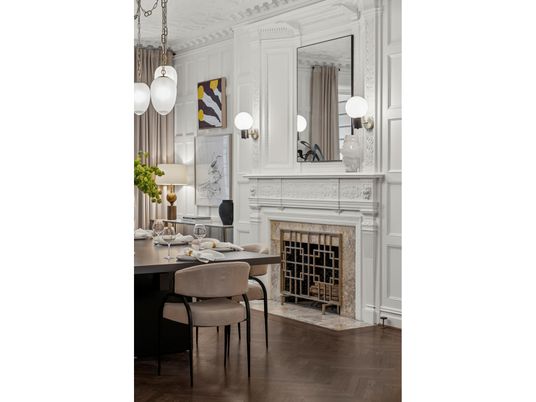 Dining room, Fireplace, Interior, Pendant Lights, Wood Texture Flooring
