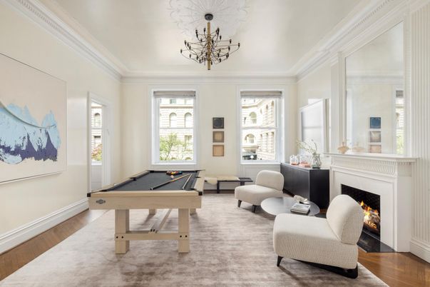 Billiard Table, Fireplace, Game Room, Interior, Living room, Wood Texture Flooring