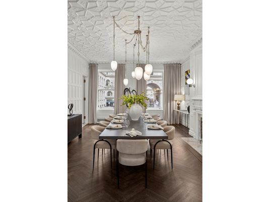 Dining room, Fireplace, Interior, Pendant Lights, Wood Texture Flooring
