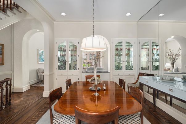 Dining room, Interior, Pendant Lights, Recessed Lighting, Wood Texture Flooring