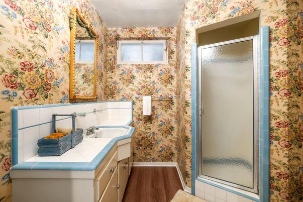 Bathroom, Glass Shower, Interior, Tile Countertops, Wood Texture Flooring