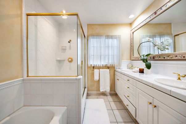 Bathroom, Dual Sink Vanities, Glass Shower, Interior, Recessed Lighting, Tile Countertops