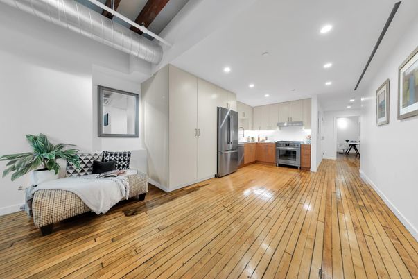 Bedroom, Interior, Kitchen, Recessed Lighting, Stainless Steel Appliances, Wood Texture Flooring