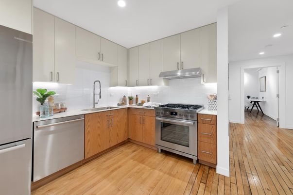Interior, Kitchen, Recessed Lighting, Stainless Steel Appliances, Wood Texture Flooring