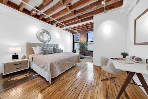 Bedroom, Interior, Pendant Lights, Wooden Beams, Wood Texture Flooring