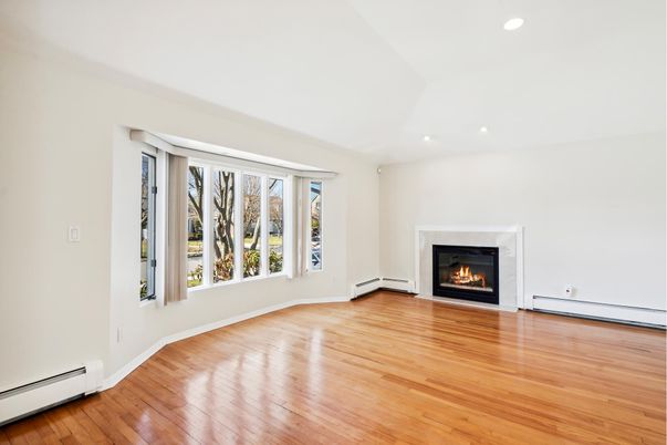 Empty room, Fireplace, Interior, Recessed Lighting, Wood Texture Flooring