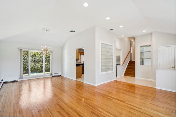 Chandelier, Empty room, Interior, Recessed Lighting, Wood Texture Flooring