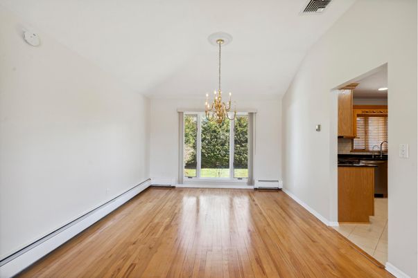 Chandelier, Empty room, Interior, Kitchen, Recessed Lighting, Wood Texture Flooring