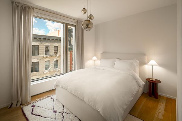 Bedroom, Interior, Pendant Lights, Wood Texture Flooring