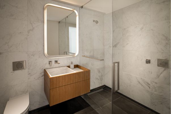 Bathroom, Glass Shower, Interior, Marble Walls