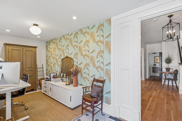Home Office, Interior, Pendant Lights, Recessed Lighting, Wood Texture Flooring