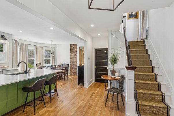 Dining room, Interior, Kitchen, Pendant Lights, Recessed Lighting, Wood Texture Flooring