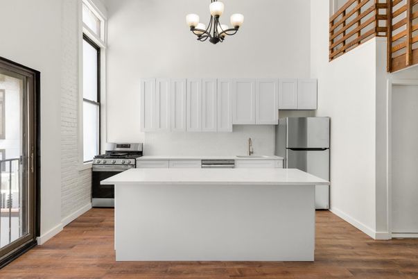 Chandelier, Interior, Kitchen, Stainless Steel Appliances, Wood Texture Flooring