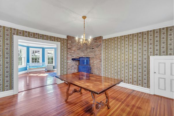 Chandelier, Dining room, Interior, Stone Walls, Wood Texture Flooring