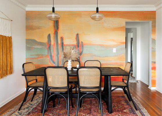 Dining room, Interior, Pendant Lights, Wood Texture Flooring