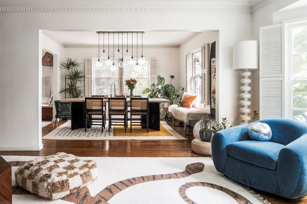 Dining room, Interior, Living room, Pendant Lights, Wood Texture Flooring