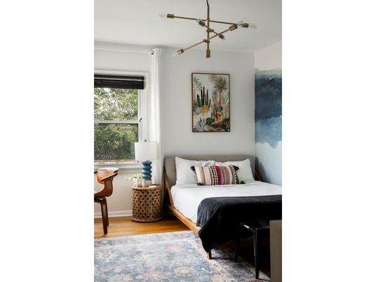 Bedroom, Interior, Pendant Lights, Wood Texture Flooring