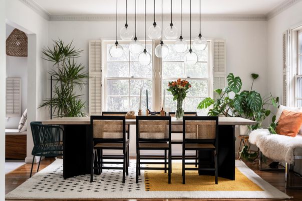Dining room, Interior, Pendant Lights, Wood Texture Flooring