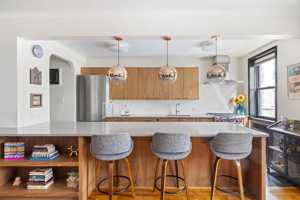 Interior, Kitchen, Pendant Lights, Stainless Steel Appliances, Wood Texture Flooring