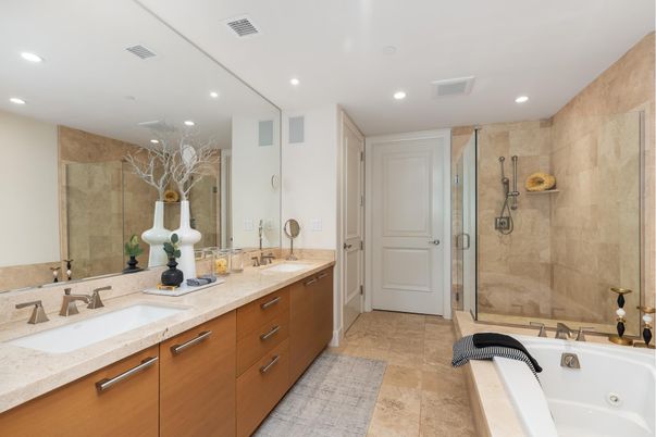 Bathroom, Dual Sink Vanities, Glass Shower, Interior, Recessed Lighting