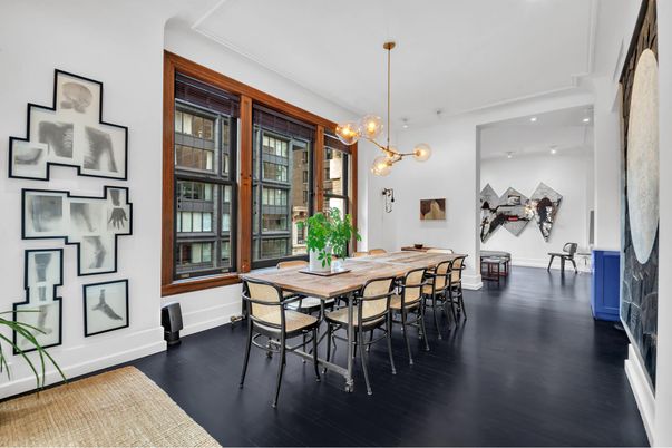 Dining room, Interior, Pendant Lights, Recessed Lighting, Wood Texture Flooring