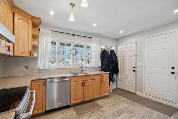 Interior, Kitchen, Pendant Lights, Recessed Lighting, Stainless Steel Appliances, Wood Texture Flooring